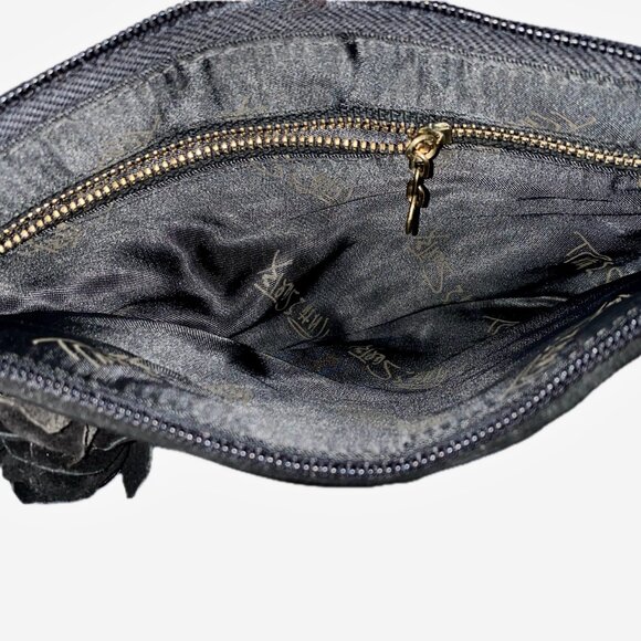 Ruth Saltz Black Suede Rose Wristlet Bag Evening Clutch EUC - Picture 5 of 8